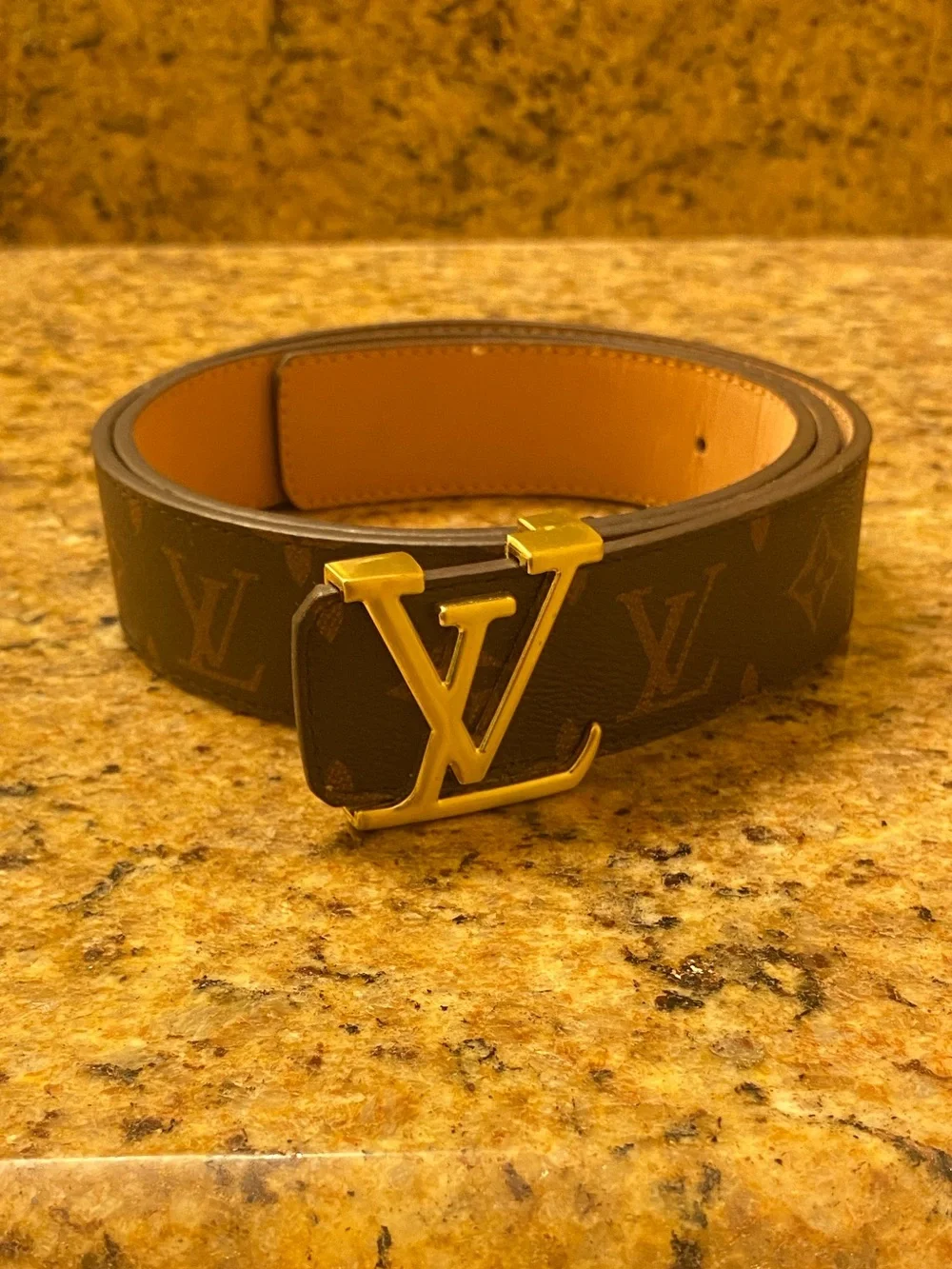Louis Vuitton Monogram Leather Belt with Gold LV Buckle